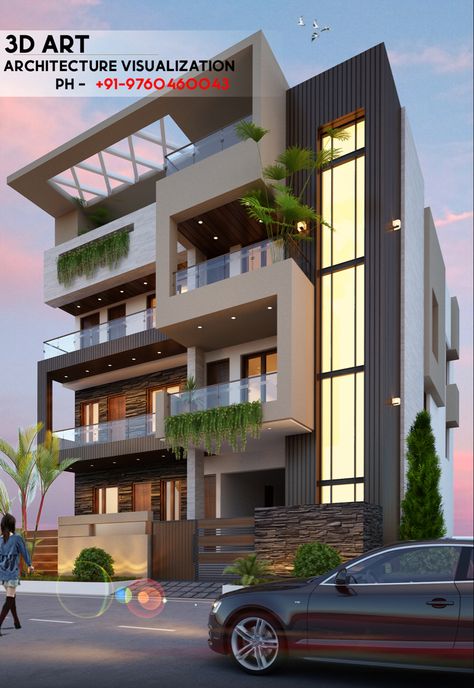 Double Height Front Elevation, Corner Elevation, Hotel Room Design Plan, Morden House, Block Of Flats, House Roof Design, Small House Front Design, Residential Building Design, Home Door Design