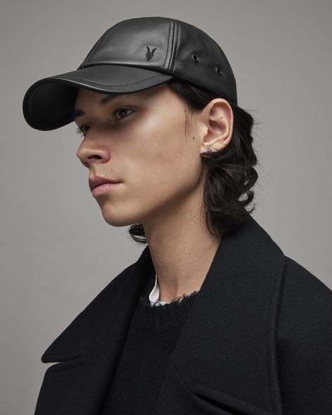 Ramskull Leather Baseball Cap Black | ALLSAINTS US Cap Outfit Men, Baseball Cap Outfit Men, Outfit Sporty, Baseball Cap Outfit, Five Panel Cap, Mens Hats Baseball, Leather Baseball Cap, Cap Outfit, Mens Fashion Edgy