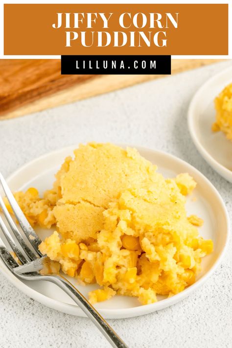 Jiffy corn pudding is creamy, buttery, and sweet! The perfect side dish to any dinner, it's comfort food at its finest. #cornpudding #corn #comfortfood #sidedish #corncasserole Creamy Corn Pudding Recipe, Jiffy Corn Pudding, Corn Pudding Casserole, Sweet Corn Casserole, Sweet Corn Pudding, Creamy Pasta Bake, Thanksgiving Food Sides, Corn Casserole Recipe, Candied Sweet Potatoes