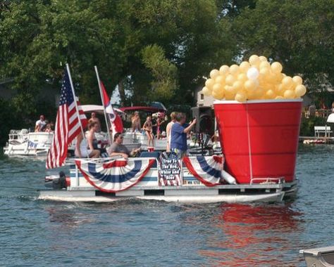 Boat Parade Ideas, Pontoon Boat Party, Pontoon Ideas, Pontoon Party, Alexandria Minnesota, Barge Boat, Boat Bar, Christmas Parade Floats, Party Barge