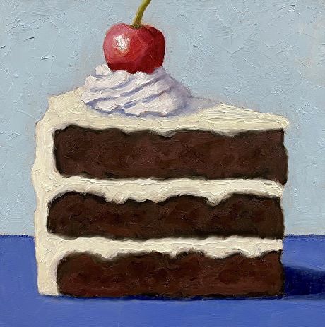 Three Layer Fudge Cake by Pat Doherty, Oil, 6 x 6 x 1.5 Cake Oil Pastel, Advance Drawing, Cake Sketch, Birthday Cake Illustration, Painting Food, Birthday Painting, Cake Drawing, Pastel Cakes, Rose Cupcakes