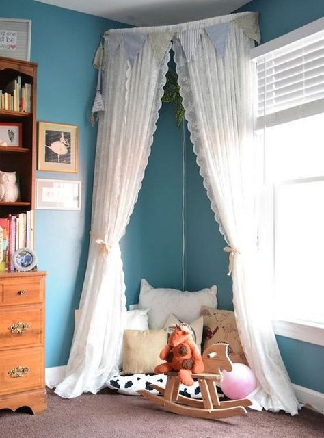 Little Girl's Bedroom - A Rental Makeover Tent Reading Nook, Reading Nook Kids Room, Reading Nook Kids, A Frame Tent, Modern Playroom, Kids Canopy, Kids Rooms Diy, Diy Canopy, Toddler Rooms