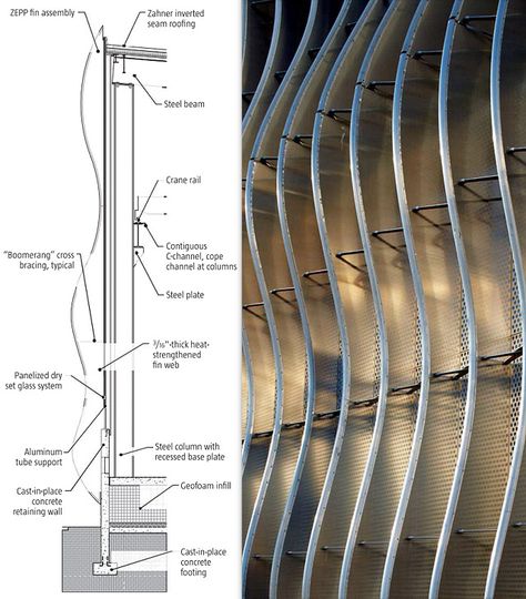 Detail photograph of the Polished Aluminum Facade Wave During Construction | Designed by Crawford Architects | Fabricated by A. Zahner Company for the A. Zahner Company HQ using 'Cloud Wall' Aluminum Facade, Curtain Wall Detail, Building Skin, Aluminium Cladding, Facade Architecture Design, Cloud Wall, Drop Cloth Curtains, Industrial Bedroom, Parametric Design