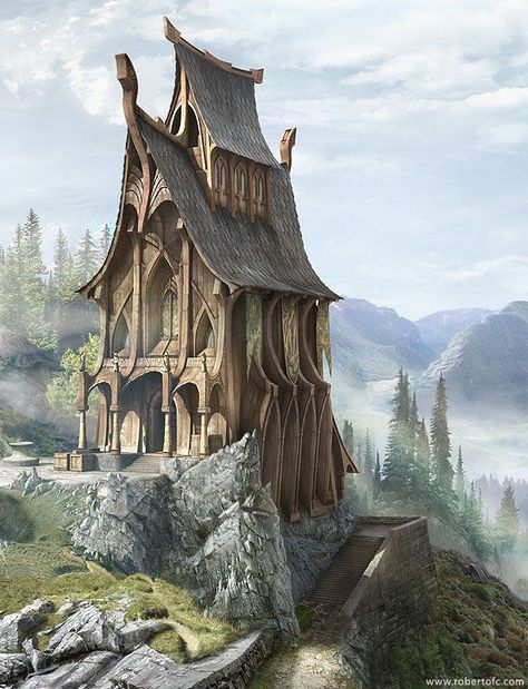 churd]ch Norse Architecture Concept Art, Mountain House Fantasy Art, Nordic Fantasy Art, Elven Temple, Elvish House, Nordic Castle, Castle Concept Art, Stave Church, Wooden Church