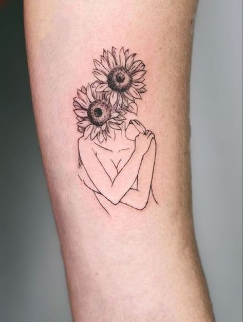 Self Love Sunflower Tattoo, Sunflower And Rose Bouquet Tattoo, Vintage Sunflower Tattoo, Sunflower Head Tattoo, Tattoo Ideas Self Love, Minimalistic Sunflower Tattoo, Sunflower Bouquet Tattoo, Queer Tattoos, Selflove Tattoo