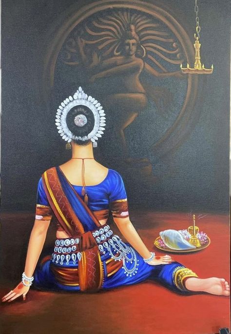 Bharatnatyam Drawing Painting, Bharatnatyam Painting On Canvas, Odishi Dance Drawing, Oil Colour Painting Ideas, Bharatnatyam Painting, Bharatnatyam Drawing, Nataraja Painting, Indian Lady Painting, Indian God Painting