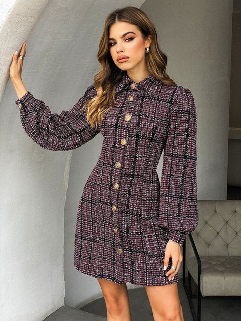 Free Returns ✓ Free Shipping On Orders $49+ ✓. Plaid Button Front Bishop Sleeve Tweed Dress- Women Dresses at SHEIN. Stylish Hijab, Winter Dress, Bishop Sleeve, Tweed Dress, Dress For Short Women, Slim Dresses, Work Attire, Dress Styles, Elegant Dress