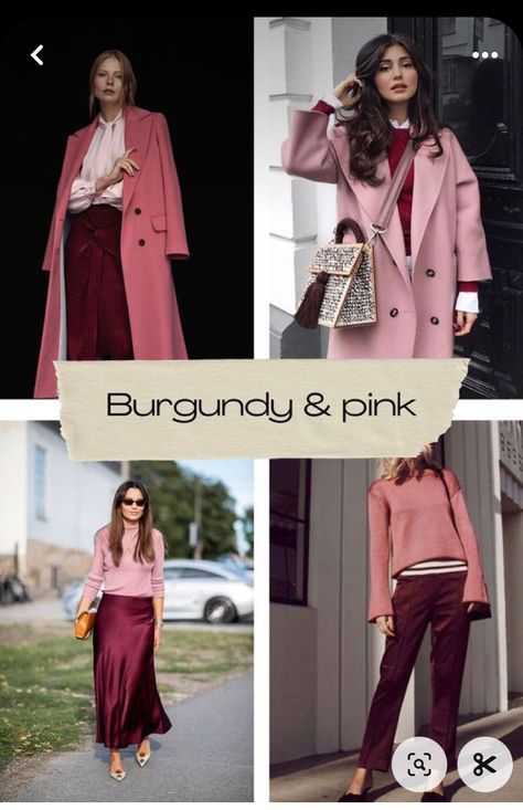 Winter Style Dress Outfit Ideas, Burgundy Jeans Outfit Summer, Work Outfits With Burgundy Pants, Pink Winter Outfits For Women, Brunette In Pink Outfit, Burgundy Spring Outfit, Red And Magenta Outfit, Pink And Wine Outfit, Color That Goes With Pink