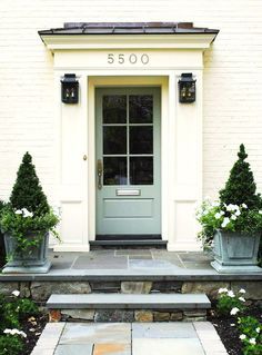 Designer Solutions for the Biggest Decorating Faux Pas via @MyDomaine Farrow And Ball Blue Gray, Painted Brick Exteriors, Front Door Entrance, Front Steps, Front Door Colors, Painted Brick, University Campus, Exterior Paint Colors, Door Color