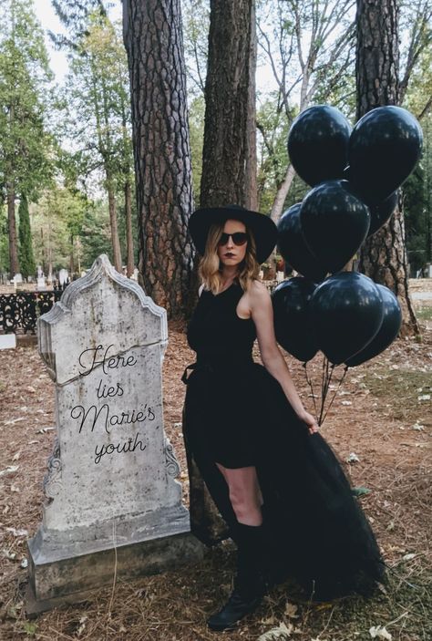 30th birthday. Halloween. Funeral. Graveyard Birthday Photoshoot, Goth 40th Birthday, Rip Thirties Party, 30th Birthday Photoshoot Graveyard, Rip To My 30s Photoshoot, Rip 20s Birthday Party Outfit, Rip To My Twenties Party, Goth 30th Birthday, Rip 40th Birthday