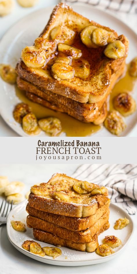 Caramelized Banana French Toast - easy and decadent breakfast and brunch...or dessert! Texas toast or French bread coated in vanilla and cinnamon flavored egg mixture panfried to golden brown, topped with sweet caramelized bananas. Perfect for weekend brunch or the holidays. #frenchtoast #brunch #breakfast #dessert #sweet #holidays #banana #recipe #joyousapron Banana French Toast Casserole, Banana French Toast Recipe, Decadent Breakfast, Homemade Brunch, Caramelized Banana, Banana Recipe, Banana French Toast, Best French Toast, French Toast Casserole Recipes