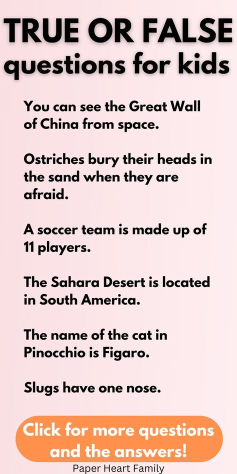 Take this list of true or false questions and answers for kids on your next road trip! Make it into a competitive game for your kids or teens when you ask these funny questions! Preteen Ministry, General Knowledge Quiz Questions, True Or False Questions, Questions For Kids, Senior Games, Sensory Activities Toddlers, Rainy Day Fun, Head In The Sand, Knowledge Quiz