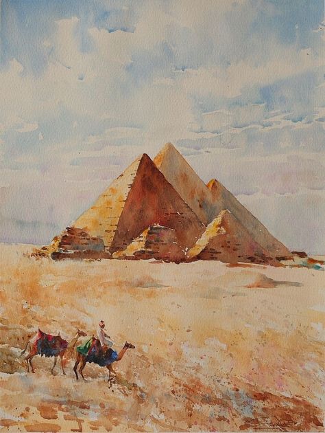 Ancient Egypt Aesthetic, Pyramids Egypt, Watercolor Architecture, Egypt Art, Art Painting Gallery, Watercolor Art Lessons, Greek Art, Egyptian Art, Watercolor Artwork