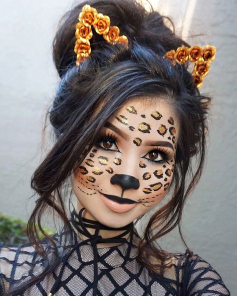 Leopard Halloween Makeup www.instagram.com/kimberlyx3you Leopard Makeup Halloween Kids, Easy Lepord Makeup Halloween, Lepord Halloween Costume Makeup, Kid Halloween Makeup, Cute Halloween Makeup Looks Easy, Halloween Makeup Kids, Kids Halloween Makeup, Leopard Makeup Halloween, Unique Halloween Makeup