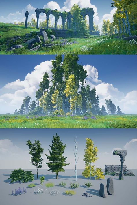 Simple Environment Concept Art, Stylized Game Environment, Statue Concept Art, Forest Ruins, Stylized Forest, 3d Landscape Design, Stylized Clouds, Stylized Landscape, Forest Environment