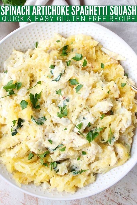 Baked spaghetti squash is tossed with a spinach artichoke sauce in this quick and easy, gluten free and vegetarian recipe! Spinach Artichoke Spaghetti Squash, Artichoke Spaghetti Squash, Artichoke Spaghetti, Artichoke Sauce, Healthy Squash Recipes, Spaghetti With Spinach, Baked Spinach, Gluten Free Vegetarian Recipes, Baked Spaghetti Squash