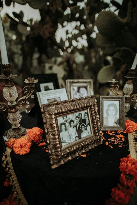 Photos Of Passed Loved Ones Wedding, Ofrenda Table Wedding, Wedding Ofrenda Ideas, Black And White Ofrenda, Ofrenda At Wedding, Ofrenda For Wedding, Dia Los Muertos Wedding, Dia De Los Muertos Wedding Ideas Decor, Moody Mexican Wedding