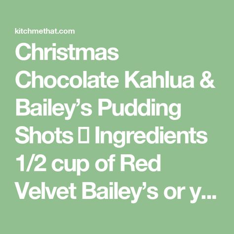 Christmas Chocolate Kahlua & Bailey’s Pudding Shots 🎄 Ingredients 1/2 cup of Red Velvet Bailey’s or you can use regular1/4 cup of Kahlua (coffee liqueur)1 small box JELLO Chocolate Instant Pudding Mix3/4 cup Milk8 oz container of Cool WhipChristmas Sprinkles for garnish Directions Whisk all ingredients together in a large bowl, except for the sprinkles. Baileys Pudding Shots, Baileys Pudding, Kahlua Coffee, Kahlua Coffee Liqueur, Banana Drinks, Pudding Shots, Coffee Liqueur, Shot Cups, Christmas Sprinkles