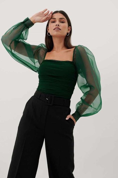 Puffy Sleeve Top Outfit, Organza Top Outfit, Puffy Sleeves Top, Mesh Top Outfit, Organza Tops, Onam Outfits, Puffy Sleeve Top, Organza Top, Organza Sleeves