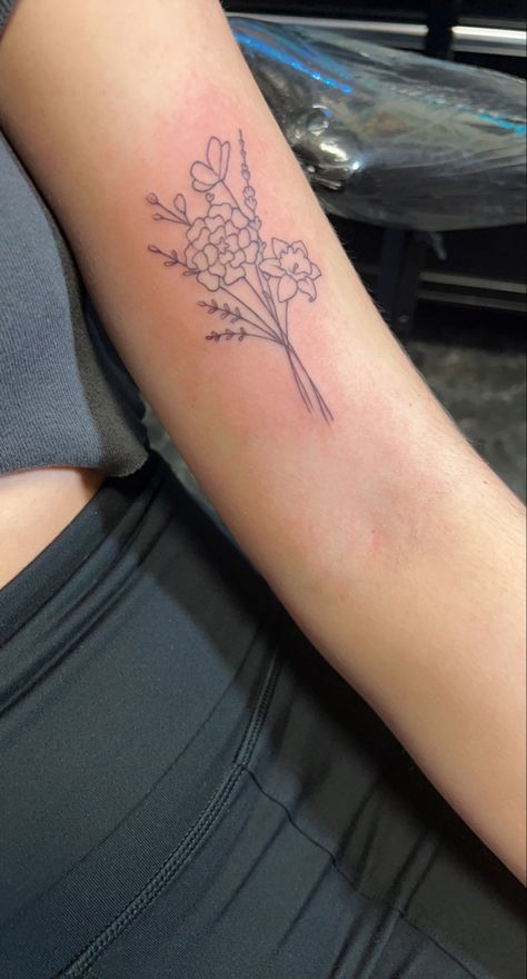 #flower #dainty #tattoo Tattoo Right Above Inner Elbow, Bicep Bouquet Tattoo, Flower Bouquet Tattoo Inner Arm, Year Tattoo On Back Of Arm, Inner Arm Bouquet Tattoo, Tattoo On Upper Arm For Women, Medium Size Flower Tattoos, Wildflower Tattoo Bicep, Wildflower Tattoo Placement