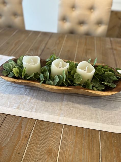 Organic Modern Centerpiece, Oblong Bowl Centerpiece, Decorative Wood Bowl, Dough Bowl Table Decor, Wood Dough Bowl Decor Ideas, Long Wood Bowl Centerpiece, Modern Dough Bowl Decor, Wooden Bowl Decor Ideas, Organic Centerpieces