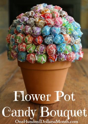 Flower Pot Candy Bouquet - One Hundred Dollars a Month Sucker Bouquet, Birthday Arrangements, Lollipop Bouquet, Candy Gifts Diy, Candy Centerpieces, Birthday Flowers Bouquet, Candy Bouquet Diy, Sweet Trees, Gift Basket Ideas Christmas