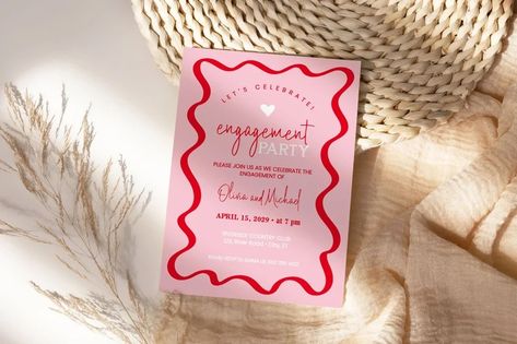 Retro Engagement Party Template, 70s Pink and Red Wavy Engagement Announcement, Editable Colors AA06 - Etsy Australia Retro Engagement Party, Red Engagement Party, Pink Engagement, Engagement Party Dresses, Party Template, Engagement Announcement, Engagement Party Invitations, Put A Ring On It, 10th Birthday