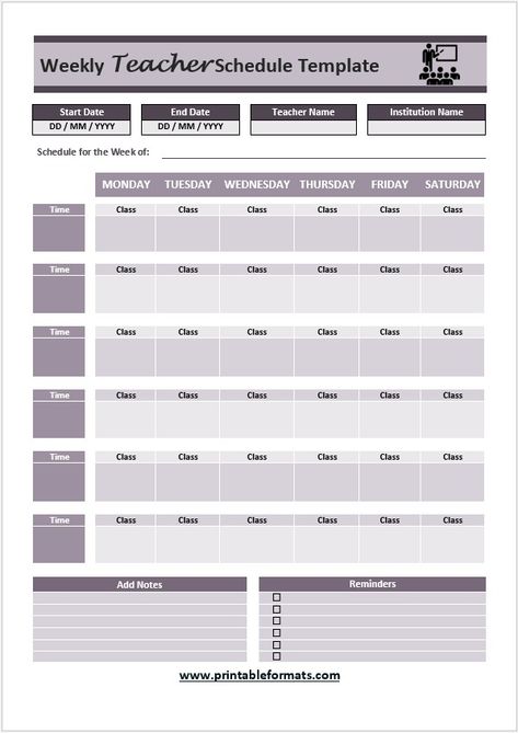 05 Free Teacher Schedule Templates - Printable Formats Teacher Schedule, Free Weekly Calendar, Homework Schedule, Master Schedule, Class Schedule Template, Attendance Sheet, Student Budget, Course Schedule, Extracurricular Activities