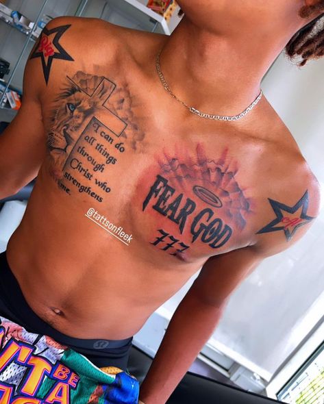 Male Chest Tattoos Ideas Men, Star Shoulder Tattoo Men, Star On Shoulder Tattoo, Guy Chest Tattoos, Chest To Shoulder Tattoo, Black Men Chest Tattoos, Side Shoulder Tattoo, Shoot For The Stars Tattoo, Chest Tats Men