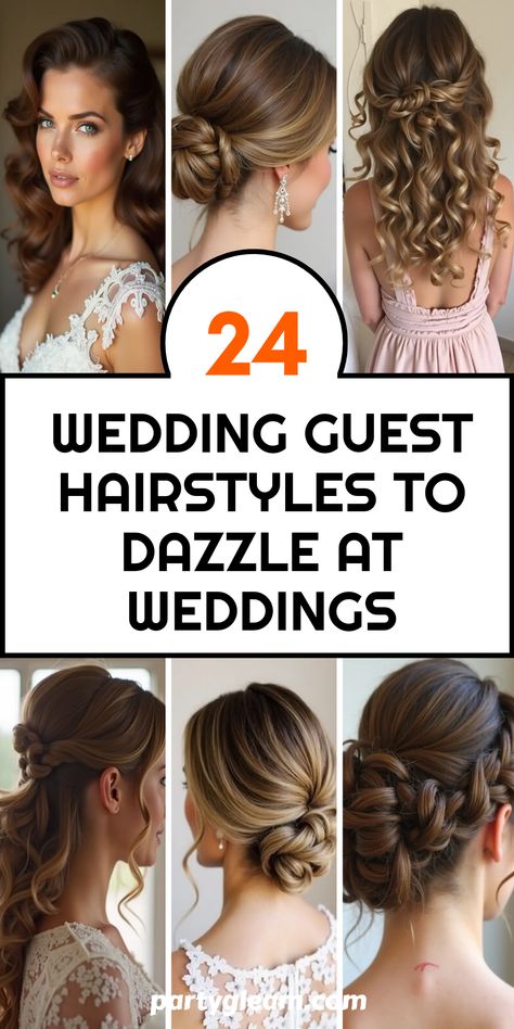 24 stunning wedding guest hairstyles that will definitely make you stand out! From effortless Old Hollywood waves to a chic low ponytail with twists, or playful soft curls - there’s a perfect look for everyone. Whether it's for an elegant affair or a garden celebration, you'll want these gorgeous styles in your beauty arsenal. Learn how to create partially pinned waves, a twisted low knot, and a trendy braided updo. Get ready to be the showstopper at every guest list! Updo For Gala, Hollywood Waves Updo, Wedding Hairstyles Diy, Garden Celebration, Old Hollywood Waves, Guest Hairstyles, High Updo, Fall Wedding Tables, Diy Wedding Hair