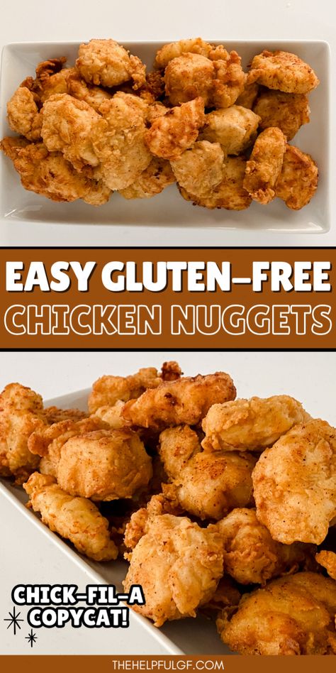 Recreate the famous Chick Fil A chicken nuggets with this gluten-free copycat recipe! Perfect for gluten free living, these fried chicken nuggets are quick, easy, and ideal for gluten free dinner. Enjoy the best gluten free Super Bowl food or Chick Fil A bites at home. Get the best easy gluten-free recipes, gluten free diet food and drink, lunches and dinners, special diet quick meals, family dinner, comfort food, and easy meals at thehelpfulgf.com! Gluten Free Chicken Fingers Air Fryer, Dairy And Gluten Free Chicken Recipes, Inexpensive Gluten Free Meals, Gluten Free Chicken Bites, Almond Flour Chicken Nuggets, Family Friendly Gluten Free Meals, Gluten Free Fried Chicken Tenders, Gf Df Air Fryer Recipes, Gluten Free Chicken And Waffles