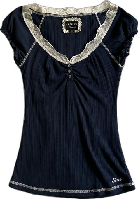 guess navy blue henley top with jeweled/rhinestone buttons and lace trim . #bellaswan #elenagilbert #fashion #inspo #dolly #dollette #y2k #thevampirediaries #twilight #2000sfashion Y2k Henley Top, Dark Blue Outfits Aesthetic, Blue Henley, Tøp Aesthetic, Y2k Long Sleeve, Blue Y2k, Navy Outfit, Henley Top, Blue Outfit