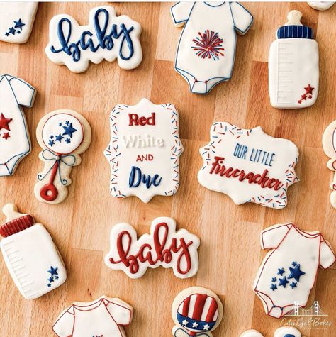 4th Of July Baby Shower Decor, Red White Blue Baby Shower Decor, 4th Of July Baby Shower Cookies, 4th Of July Gender Reveal Cookies, Red And Blue Gender Reveal, Red White And Due Baby Shower Cookies, Gender Reveal Fireworks Theme, Red White And Due Gender Reveal Party, Gender Reveal 4th Of July Theme