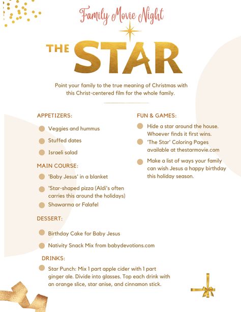 The Star Movie Christmas Party, Themes Dinner Nights, Themed Dinners Ideas, Family Movie Night Themes, Movie Dinner, Movie Food, Movie Night Dinner, Movie Night Theme, Movie Night For Kids