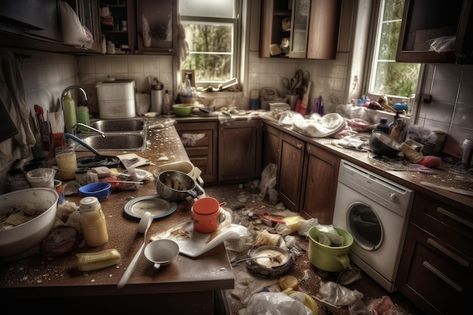 Photo kitchen messy dirty generate ai | Premium Photo #Freepik #photo #dirty-kitchen #dirty-dishes #messy-kitchen #dish-wash Messy Kitchen Aesthetic, Alien House, Photo Kitchen, Interior Drawing, Dirty Room, Dirty Kitchen, Messy House, Men Apartment, Messy Kitchen