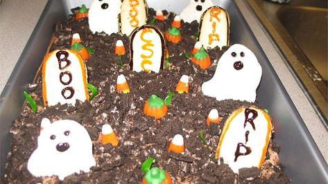 Ghosts in the Graveyard | Allrecipes Graveyard Picnic, Ghosts In The Graveyard Game, Halloween Pudding Graveyard, Ghosts In The Graveyard Dessert, Ghosts In The Graveyard Dessert Chocolate Pudding, Creative Halloween Treats, Best Pie Crust Recipe, Pudding Pie Filling, Best Apple Crisp Recipe