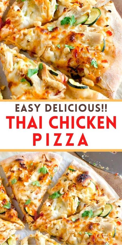 Our Thai pizza is topped with chicken, fresh vegetables and herbs with a sweet & spicy Asian sauce. It's a favorite in our pizza night rotation! Thai Pizza, Curry Pizza, Thai Chicken Pizza, Chicken Flatbread Pizza, Fancy Pizza, Chicken Pizza Recipes, Chicken Flatbread, Healthy Pizza Recipes, Chicken Fresh