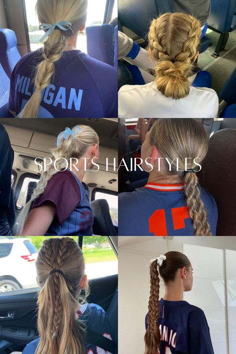 Hairstyles for sports, softball hairstyles, volleyball hairstyles, braids, bows, buns, long hair Buns For Sports, Sports Pictures Hairstyles, Tennis Hairstyles Long Hair, Tennis Hairstyles Short Hair, Pickleball Hairstyles, Hairstyles For Tennis, Sports Day Hairstyles, Athletic Hairstyles For Short Hair, Volleyball Braids