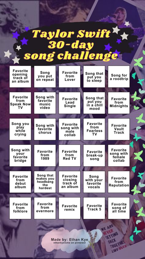 All Taylor Swift Songs, Midnight Song, Taylor Swift Games, Butterfly Eyes, 30 Day Song Challenge, Halloween Songs, Song Challenge, Taylor Swift Party, Romantic Wallpaper