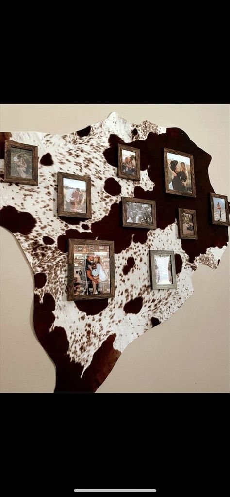 Cowhide On Wall Ideas, Cowhide Living Room, Cowhide Rug Living Room, Western Living Room Decor, Cowhide Decor, Hallway Pictures, Country Western Decor, Cow Rug, Family Pictures On Wall