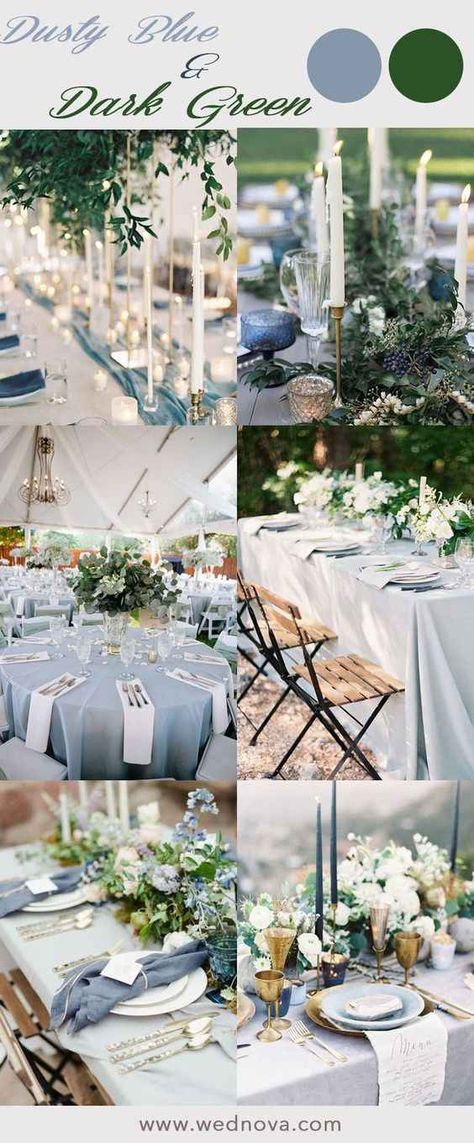 Wedding With Dusty Blue, Green Table Settings, Blue Green Wedding, Blue Themed Wedding, Blue Wedding Flowers, Sage Green Wedding, Dusty Blue Weddings, Wedding Theme Colors, Salou