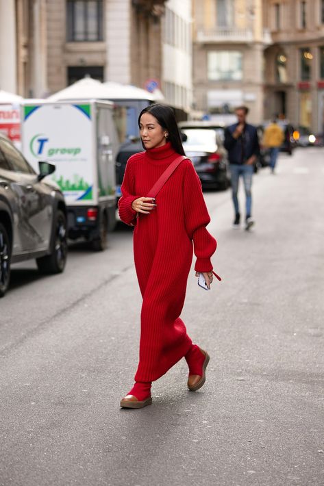 Red Wardrobe, Bright Scarf, Green Sweater Dress, Sweater Dress Oversized, Red Monochrome, My Rules, Wearing Color, Red Dress Outfit, Fashion Photography Inspiration