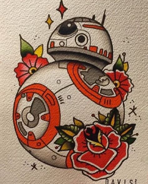 BB-8 traditional tattoo, star wars tattoo Star Wars Ideas, Wedding Band Tattoo, Star Wars Bb8, Silhouette Tattoos, Tattoo Traditional, Star Wars Facts, Trendy Tattoo, Star Wars Tattoo, Maori Tattoo