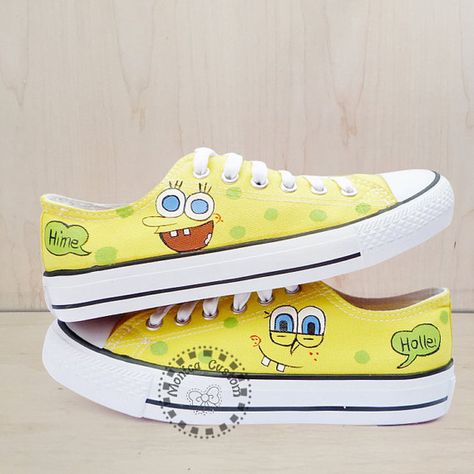 SpongeBob SquarePants Converse Shoes-Hand by MonicaCustomShop Paint Converse, Spongebob Shoes, Painted Converse, Spongebob Birthday Party, Custom Sneakers Diy, Spongebob Birthday, Special Christmas Gift, Custom Converse, Anime Shoes