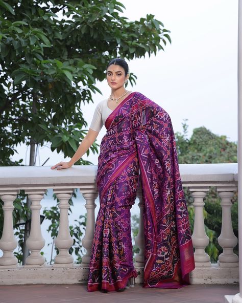 INR 38,000 This handloom Violet and Pink pure ikat patola saree exudes elegance and refinement. Handwoven using striking hues with pure Mulberry Silk using the single ikat technique, it features intricate flora and fauna. Note: The saree comes with an unstitched blouse piece. Color - Violet and Pink Fabric - Mulberry Silk Technique - Single Ikat / Patola Weaving Cluster - Gujarat Saree Measurement - Length - 5.3 meters, Width - 45 inches Blouse Measurement - 77 cm X 45 inches [Wedding sare... Ikat Patola Sarees, Ikat Technique, Patola Sarees, Ikat Saree, Patola Saree, Blouse Measurement, Color Violet, Flora And Fauna, Pink Fabric