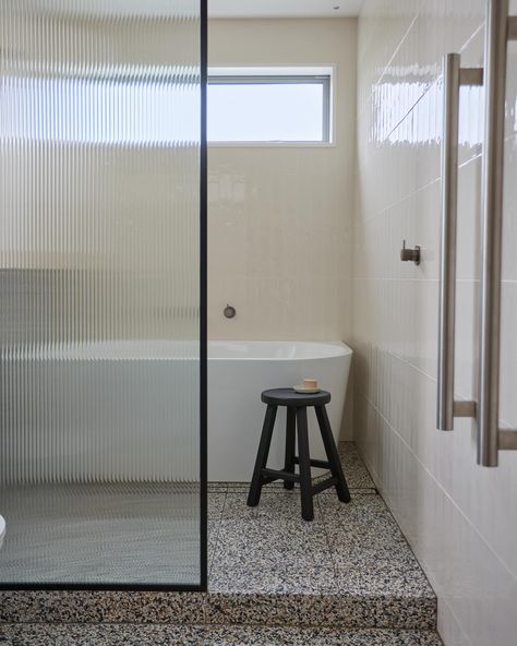 A simple step up into the wet zone of the room. Love this view looking in. The reeded glass ensuring everything is kept looking tidy, with just a peep of what’s behind. Swipe 👉 for another before shot. 📸 @visual.spaces.nz Design Edit: @plumblinenz @tilespacenz @midastileschristchurch Reeded Glass, Design Edit, Wet Rooms, The Room, Bathroom Ideas, Step Up, Instagram A, Love This, Glass