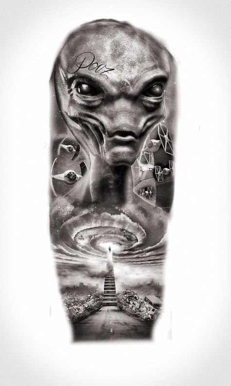 Fredomm Tattoo, Alien Realism Tattoo, Realism Tattoo Stencil, Alien Tattoo Design, Classic Style Tattoo, Cool Space Tattoos, Space Tattoo Ideas, Egypt Tattoo Design, Realistic Eye Tattoo