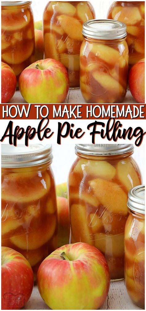 Learn how to make apple pie filling with this simple method & recipe! This is a low sugar apple pie filling so that the flavor of the apples really shine. Apple Pie Filling can be used in so many desserts and is a great way to use fresh apples when they're in season. #apples #applepie #applepiefilling #homemade #easyrecipe from BUTTER WITH A SIDE OF BREAD Apple Pie Filling For Canning, Make Apple Pie Filling, Canning Apple Pie Filling, Canned Apple Pie, Apple Pie Filling Recipe, Canning Apples, Making Apple Pie, Apple Pie Filling Recipes, Homemade Apple Pie Filling