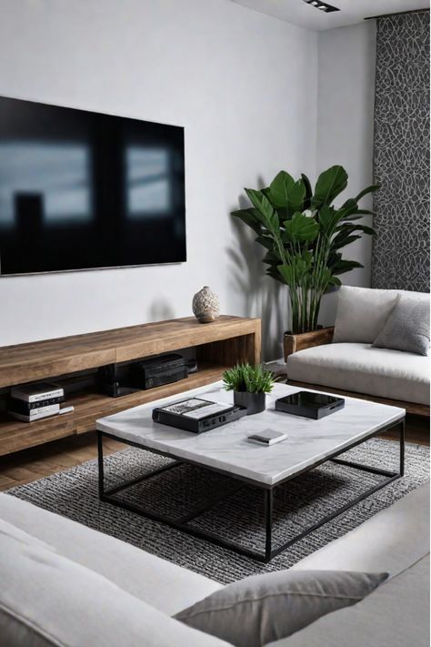 A living room with clean lines, natural elements, and a calming color palette Declutter Living Room, Calm Living Room, Minimalist Decor Ideas, Townhouse Decorating, Gray Rug Living Room, Digital Minimalism, Apartment Styles, Simple Living Room Decor, Black And White Living Room