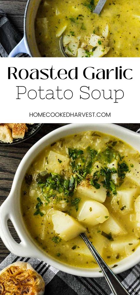 Cauliflower Soup Crockpot, Soup Recipes Cauliflower, Garlic Potato Soup, Instant Pot Cauliflower Soup, Hangover Soup, Garlic Roasted Potatoes, Cauliflower Soup Recipes, Garlic Soup, Think Food